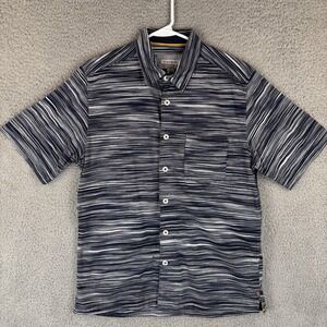 32 Bar Blues Shirt Mens Large Navy Blue Striped Short Sleeve Woven Button Up